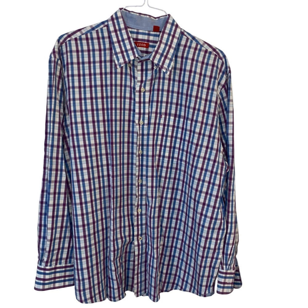 Men's IZOD Casual Button Down Shirt XL Blue Purple Plaid